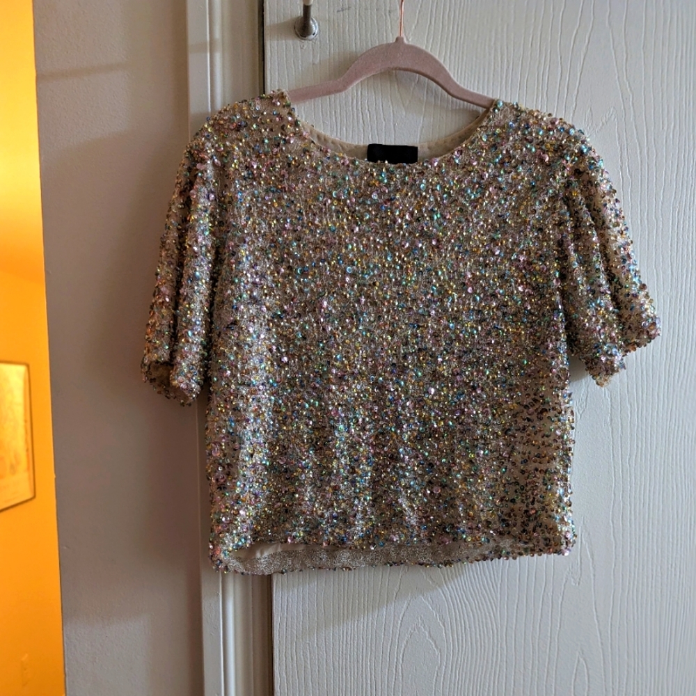 Cynthia Rowley New Years Eve Beaded Short Sleeve Blouse Top High Fashion Beige